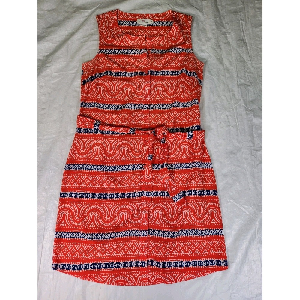 Vineyard Vines Tie Front Sleeveless Size 0 Red Pattern Shif Dress Sundress Shirt